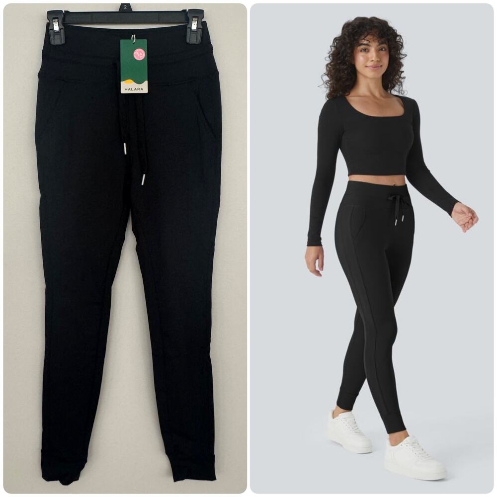 Halara High Waisted Drawstring Side Pocket Full Length Joggers in Black